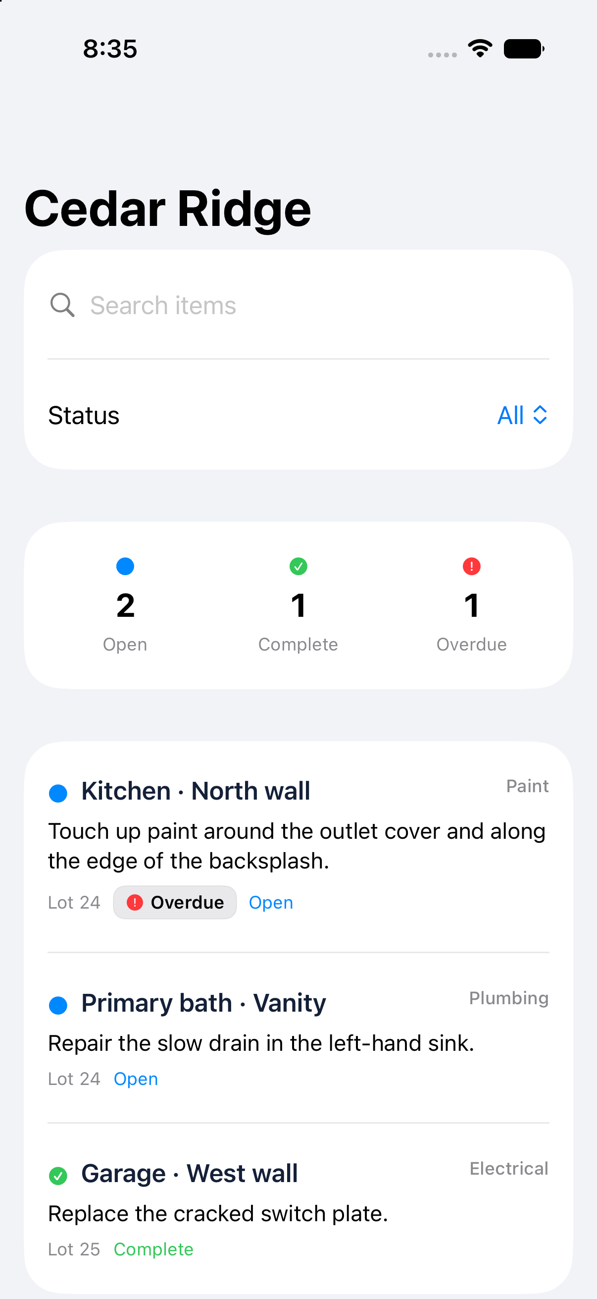 FastPunch item list showing location, trade and status for sample construction observations